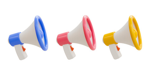 3d minimal promotion anoucement. business marketing concept. business advertisement. 3 color megaphones. 3d illustration.