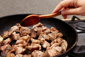 Woman mixing the meat in a frying pan shovel. Pan-fried meat, French fries