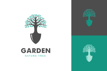 shovel and tree leaf spade nature green logo icon design illustration for garden, gardening logo symbol © Agung