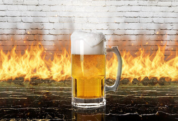 Beer in mug on onyx marble table with white brick background on fire