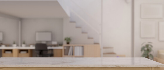 Empty space on a white marble tabletop with a blurred, minimal white home working room