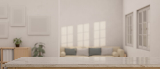 Empty space on a tabletop with a blurred minimal bright living room as a background.