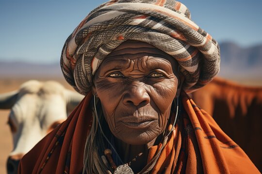 Portrait of people living in Africa, Namibia, dry desert, cows, tribal living, made with Generative AI