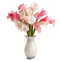pink tulips in a vase isolated. Gladiolus Flower ‘Prins Claus’ Vase Arrangements transparent.Gladiolus Flower PNG. Flower vase PNG. minimalist flower vase. Generative AI. - obrazy, fototapety, plakaty