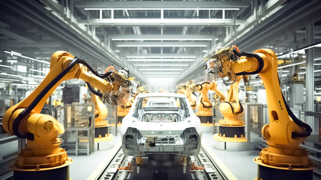 Car Factory. obots in a car factory. Automated robot arm assembly line manufacturing high-tech. 


