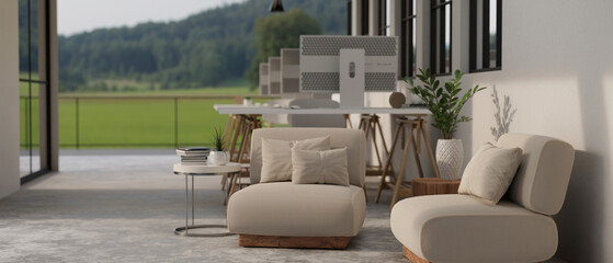Interior design of comfortable and minimal office lounge in an office building