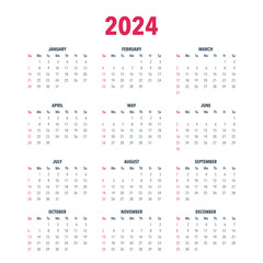 Calendar year 2024 vector illustration template in black and white colors. The week starts on Sunday. Sunday in red. Vector