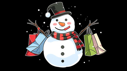 Naklejka premium Cute snowman out shopping Christmas presents on Black Friday. Black background with snow. Created with Generative AI.