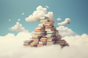 Magical Book Stack Floating in the Air with Dreamy Blue Clouds, Generative AI