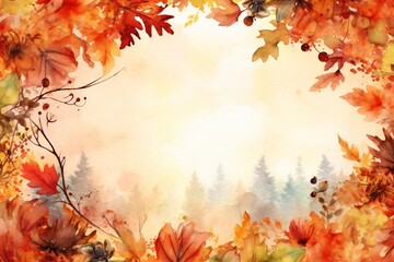 Naklejka na ściany i meble Empty watercolor autumn frame with floral elements behind Generative AI