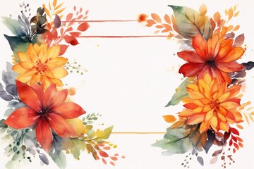Empty watercolor autumn frame with floral elements behind Generative AI