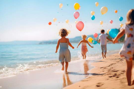 Niños corriendo por la arena de la playa con globos de colores. Concepto de diversión infancia y libertad.