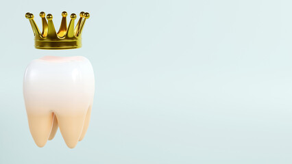 3d rendering of white tooth and golden crown on color background, tooth care dental medical stomatology concept