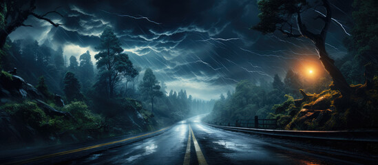 Generative ai illustration of dramatic landscape with lighting storm on road.