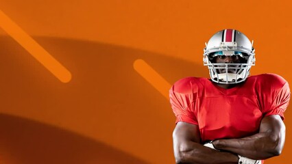 Animation of african american american football player with copy space over neon lights - Powered by Adobe