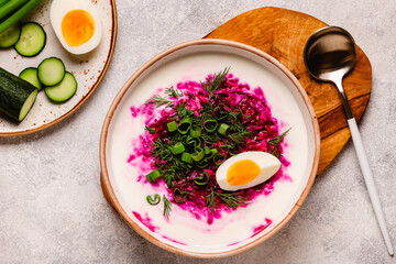Cold summer soup of beets, kefir, cucumbers, eggs and dill.