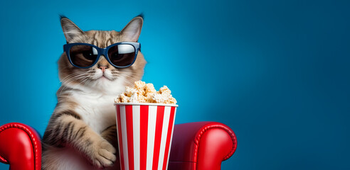 Banner with Cat watching 3D movie with popcorn sitting in red armchair. - obrazy, fototapety, plakaty