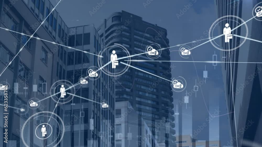 Wall mural animation of connected icons and graphs over low angle view of buildings against cloudy sky