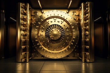 Dark Gold and Gold Bank Safe with Unsecured Door, Security Concept, Copy Space, Generative AI