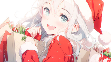 Cute anime girl in a Santa Claus costume out shopping for Christmas presents. Created with Generative AI.