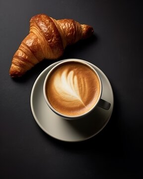 cup of coffee and croissant on dark background