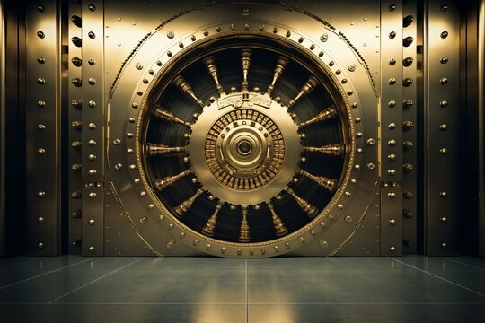Luxurious Private Vault with Gold Door and Metal Door, Modern Bank Concept, Generative AI