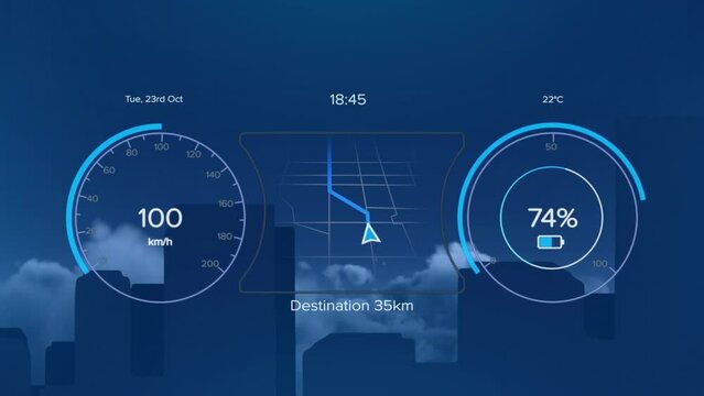 Animation of speedometer, arrow on navigation pattern and number in circles over buildings