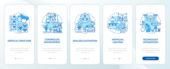 Linear blue icons representing vertical farming and hydroponics mobile app screen set. 5 steps graphic instructions, UI, UX, GUI template.