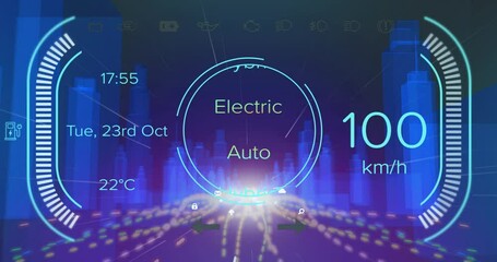 Animation of car dashboard interface and digital icons over light trails against 3d city model - Powered by Adobe
