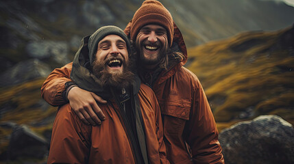 Naklejka premium Happy big friends hugging together in mountains