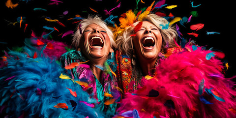 Captivating midnight scene of two exuberant women in feather boas, laughing and immersed in a confetti burst. Essence of friendship and extravagance captured. Generative AI