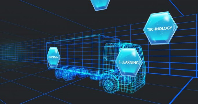 Animation of business concept text banners over 3d truck model moving in seamless pattern in tunnel