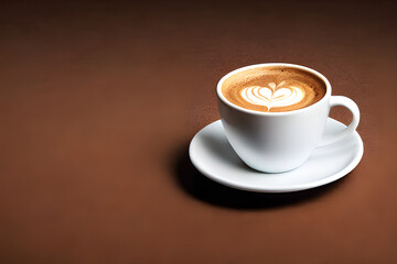 A view of a beautiful cup of coffee on a brown background