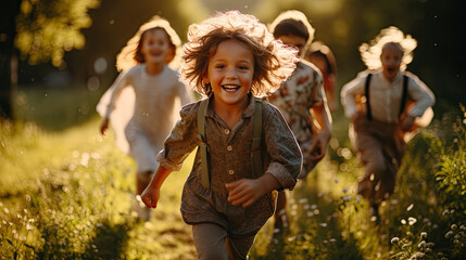 Happy kids playing outside and having fun together in summertime on sunset, a group of joyful friends walking in green park and hugging each other. Children and friendship concept