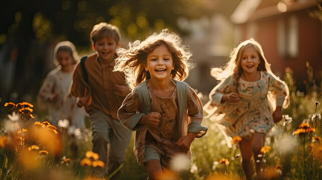 Happy Kids Playing Outside And Having Fun Together In Summertime On Sunset, A Group Of Joyful Friends Walking In Green Park And Hugging Each Other. Children And Friendship Concept