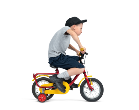 A teenage boy, in a cap, T-shirt, shorts, excitedly rides a children's bike, isolated on a transparent background png.