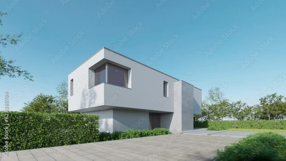 Poster 3d rendering of modern house in the green garden.