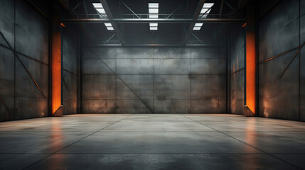 Concrete floor inside industrial building. Use as large factory, warehouse, storehouse, hangar or plant. Modern interior with metal wall and steel structure with empty space for industry background.
