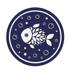 Summer beach seaside print with a decorative Fish. Fabric Nautical print. White hand drawn fish on a navy background