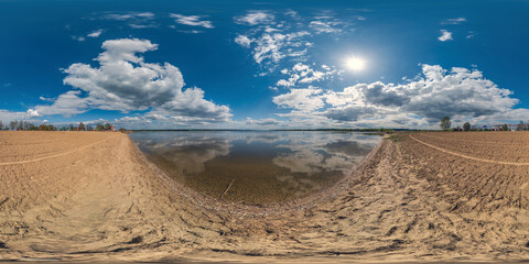 seamless spherical hdri panorama 360 degrees angle view on sand beach of huge lake or river in...