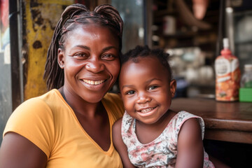 Smiling Caribbean woman and her daughter at an outdoor cafe.