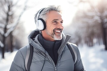 A middle-aged man with a beard while walking through the winter park listening to his favorite music. Solitude and mental health alone with nature. Escape from the noise of the big city.