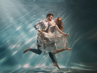 Real People art photo. Happy couple in love swim underwater, woman muse inspires male writer poet creator. Nymph girl dancing with guy at bottom sea under water. Red hair white long silk dress float