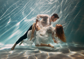 Real People art photo. Happy couple in love swim underwater, woman muse inspires male writer poet...