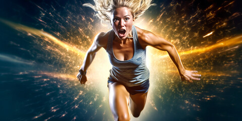 Energetic blonde athlete victoriously crosses finish line, manifesting determination, resilience and push for sports gender equality in dynamic, action-packed setting. Generative AI