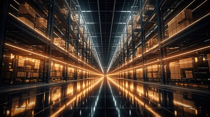 Fototapeta premium Huge distribution automatic warehouse with high shelves