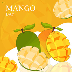 Mango Day on july 22 with white background and mango. Mango is primarily a summer fruit, and it comes in all shapes and sizes, and with each variety, there a different way to enjoy the taste.