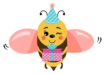 Birthday bee holding a gift box