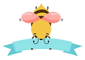 Funny bee holding a blue ribbon banner