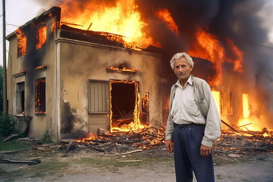 Dramatic scene of sly father figure observing his own house ablaze; encapsulates criminal, arsonist, killer, and perverse themes. Generative AI